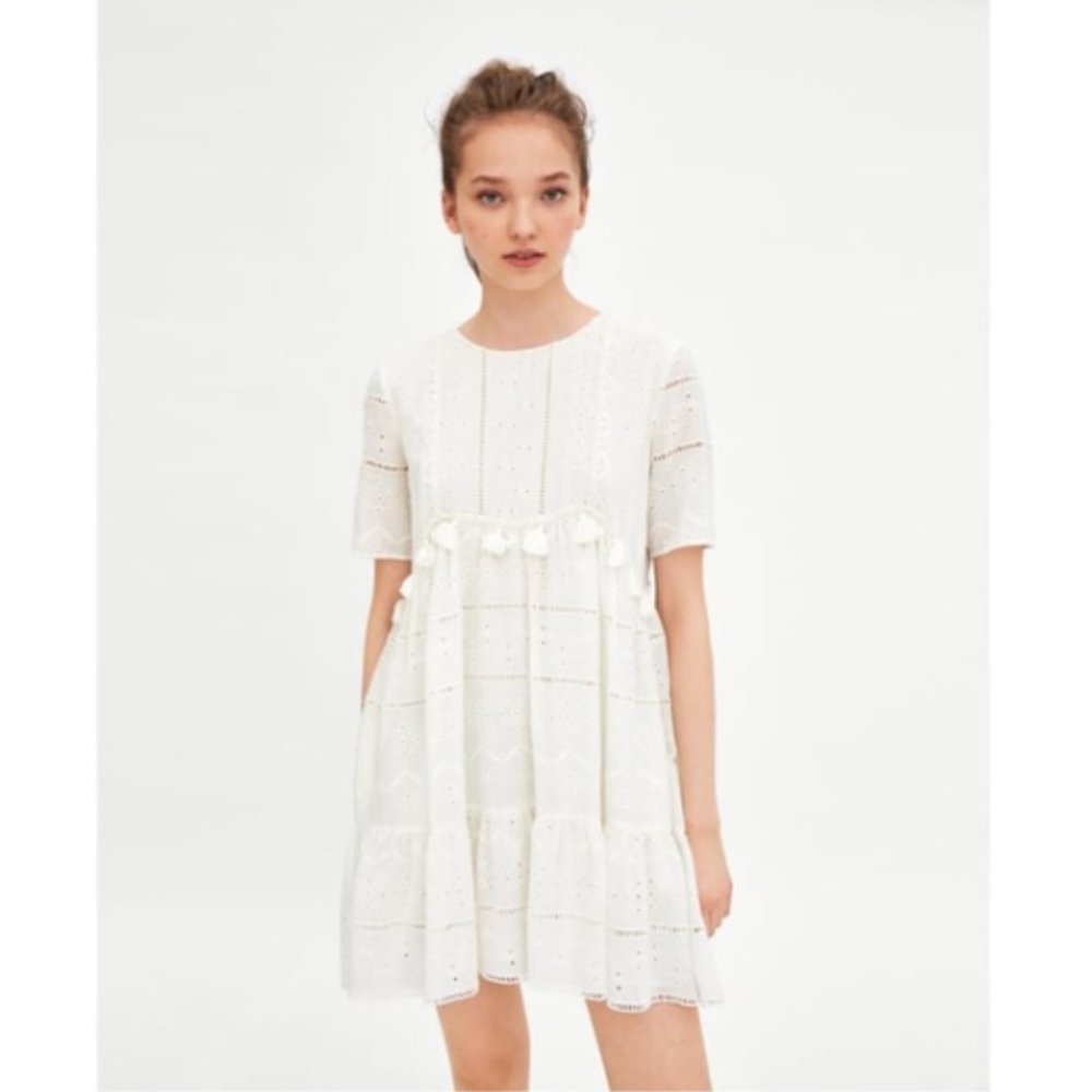 Zara TRF White Dress Romper Eyelet Tassels Medium